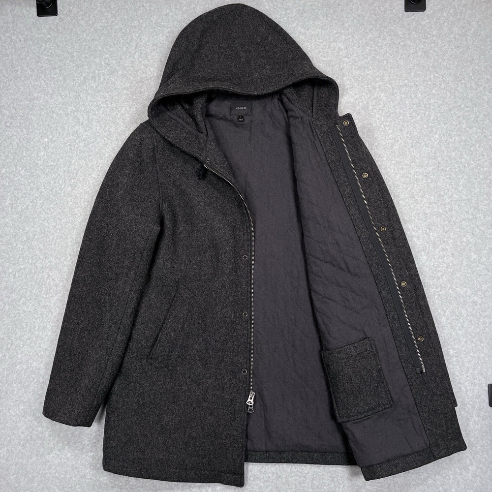 J Crew Hooded Wool Coach's Jacket Mens Large Charcoal Gray 3M Thinsulate Coat